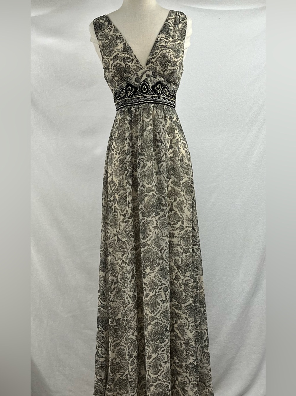 H&M Cream and Black Paisley Maxi Dress with Embellished Waist